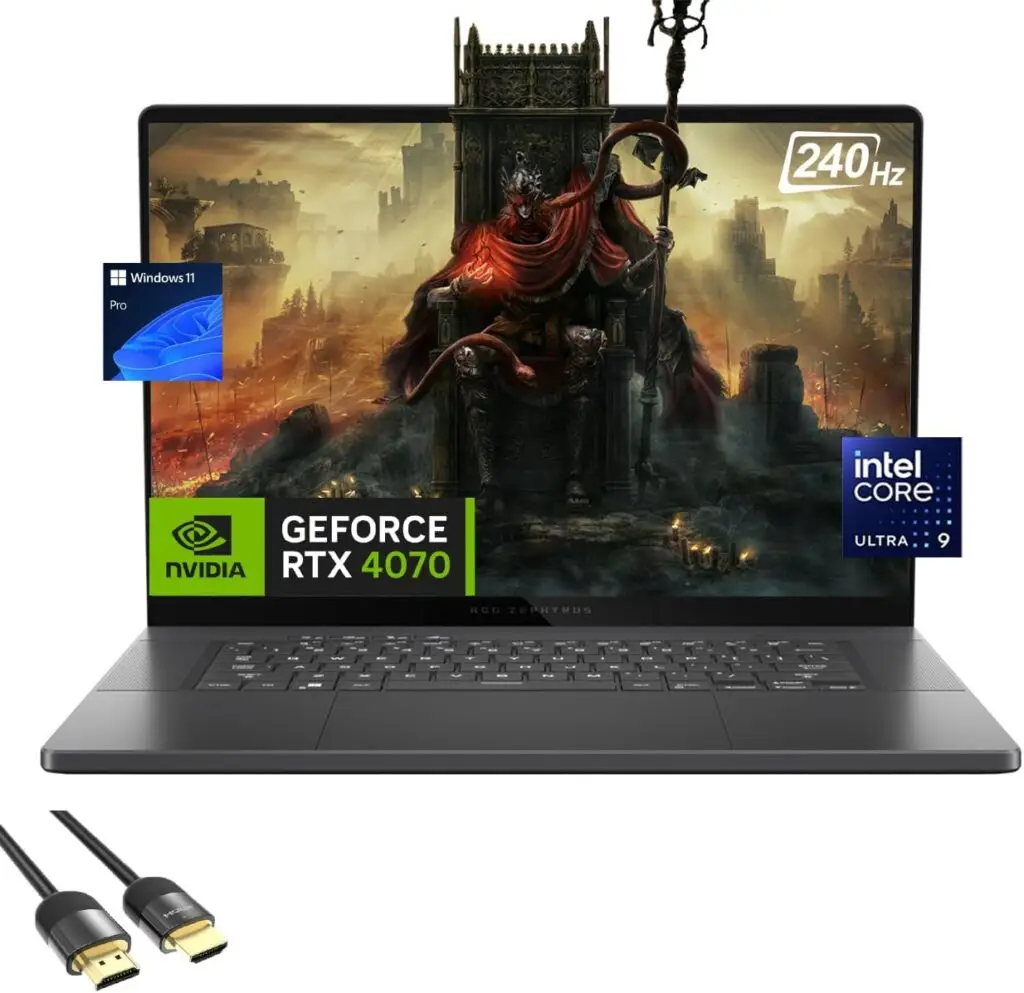 High-performance gaming laptop displaying fantasy action gameplay on screen