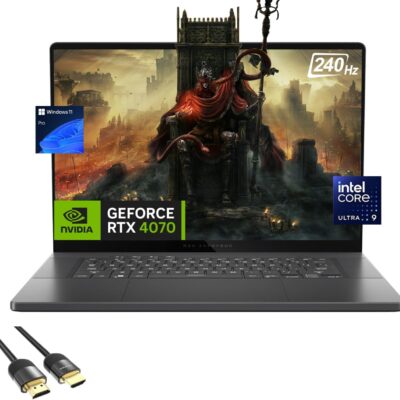 High-performance gaming laptop displaying fantasy action gameplay on screen