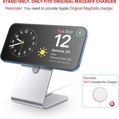 Aluminum MagSafe charger stand holding iPhone with weather and time display on screen